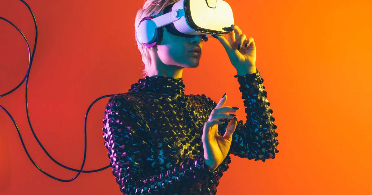 Woman looks through a pair of virtual glasses to go shopping in the metaverse.