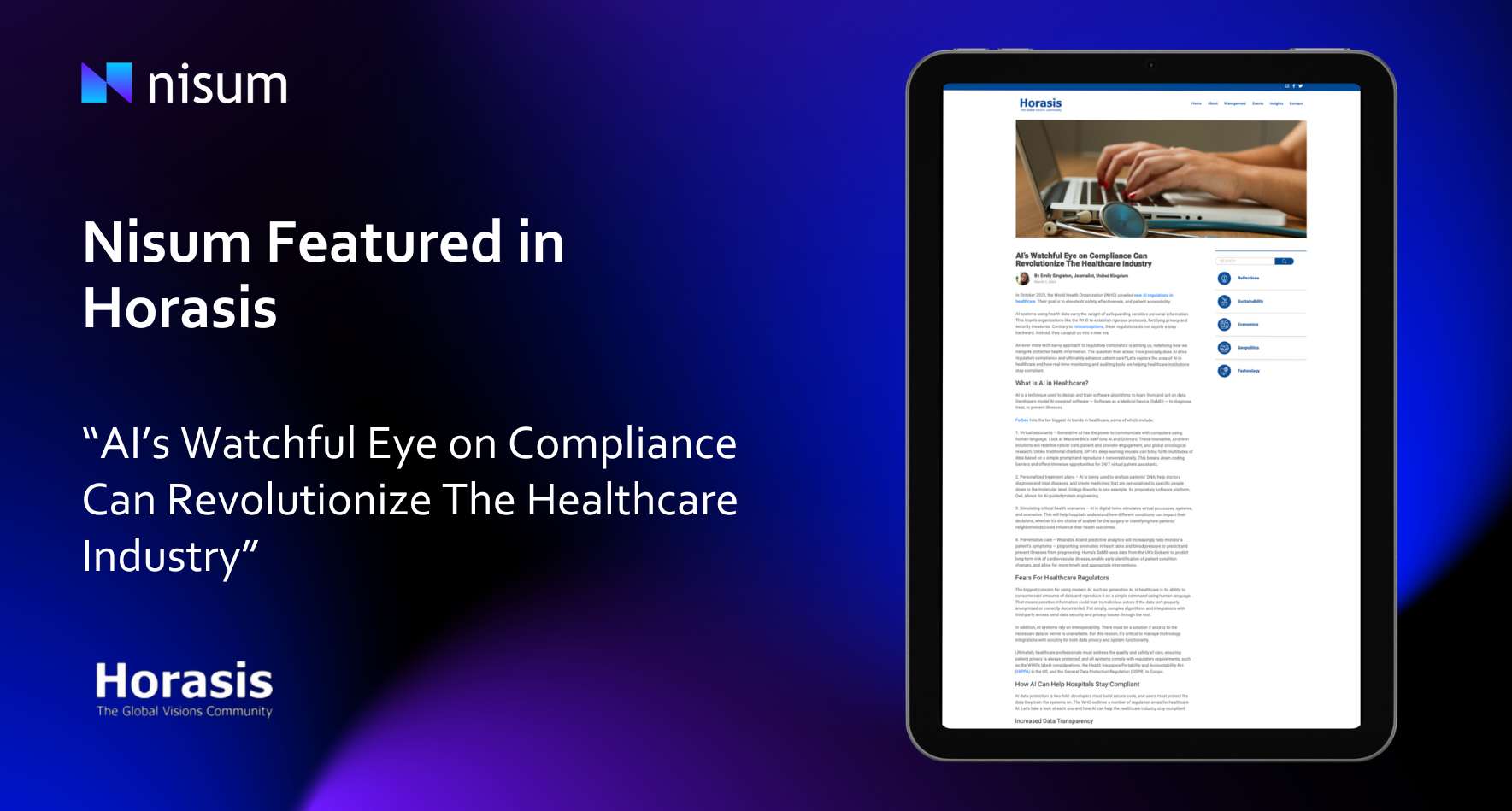 A graphic template of a tablet with Nisum's feature in the Horasis article, "AI’s Watchful Eye on Compliance Can Revolutionize The Healthcare Industry" 