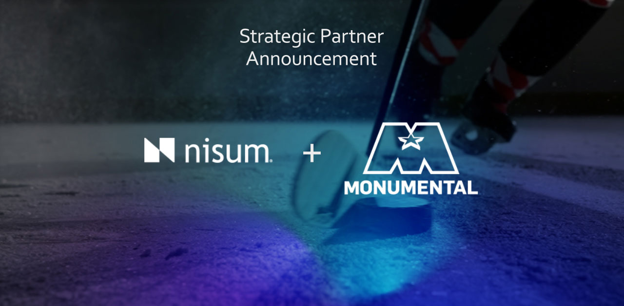 Graphic of the logo for Nisum and Monumental sports with a plus sign in between to showcase the partnership between the two companies.