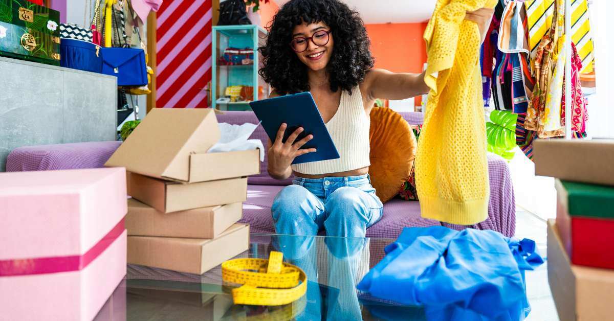 Woman sits on a couch ordering products on an e-commerce site that features personalization and segmentation.