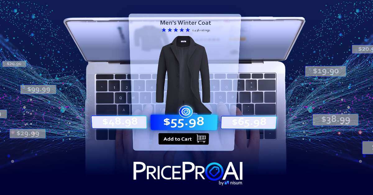 GenAI generated image of a man's shirt projected on a laptop showing dynamic pricing options for retailers.